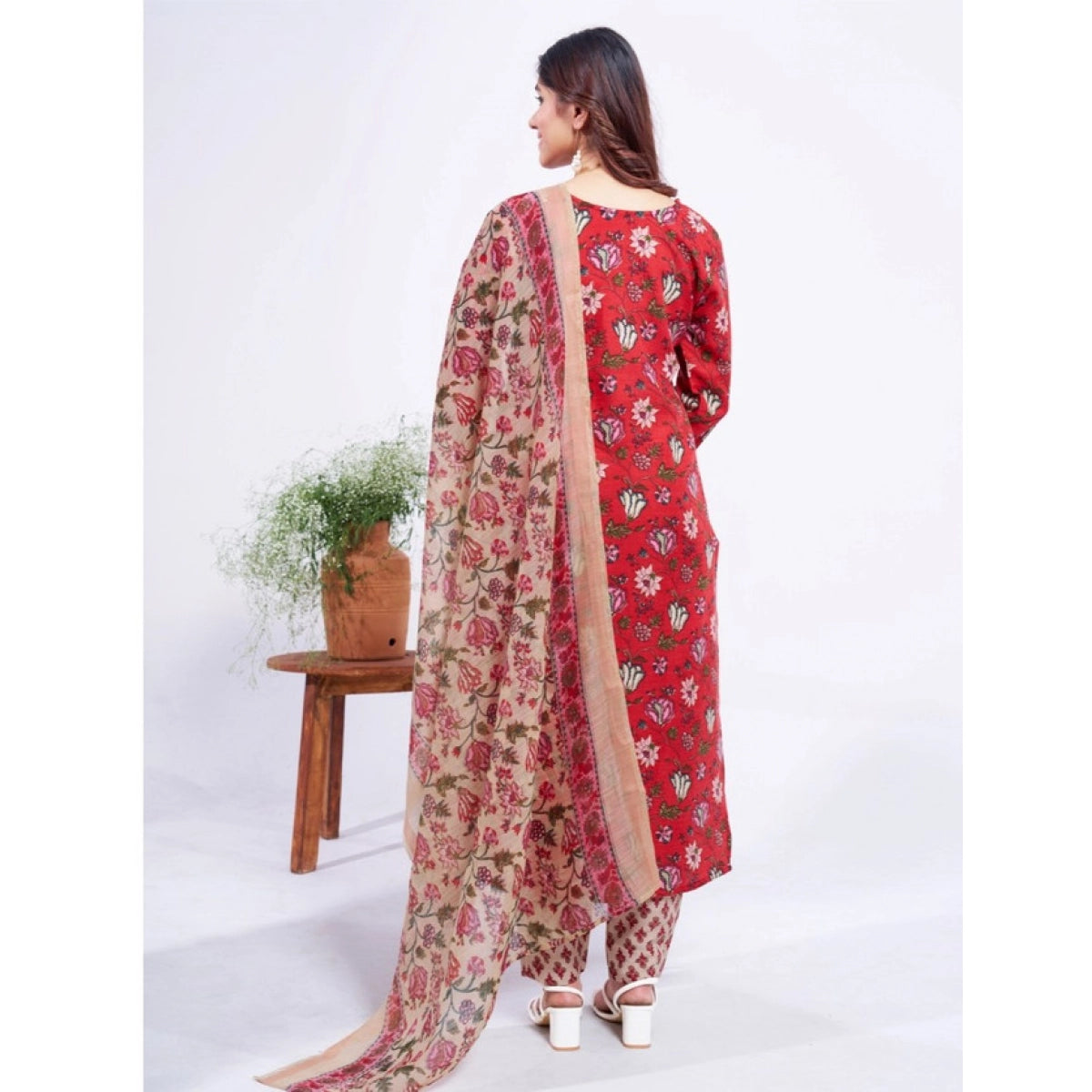 Women's Cotton Blend Printed Kurti With Pant Dupatta Set (Rama)