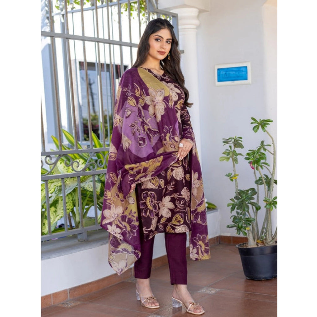 Women's Cotton Blend Printed Kurti With Pant Dupatta Set
