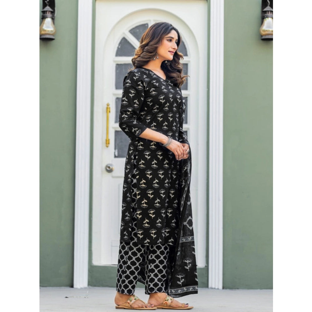 Generic Women's Cotton Blend Printed Kurti With Pant Dupatta Set (Black)