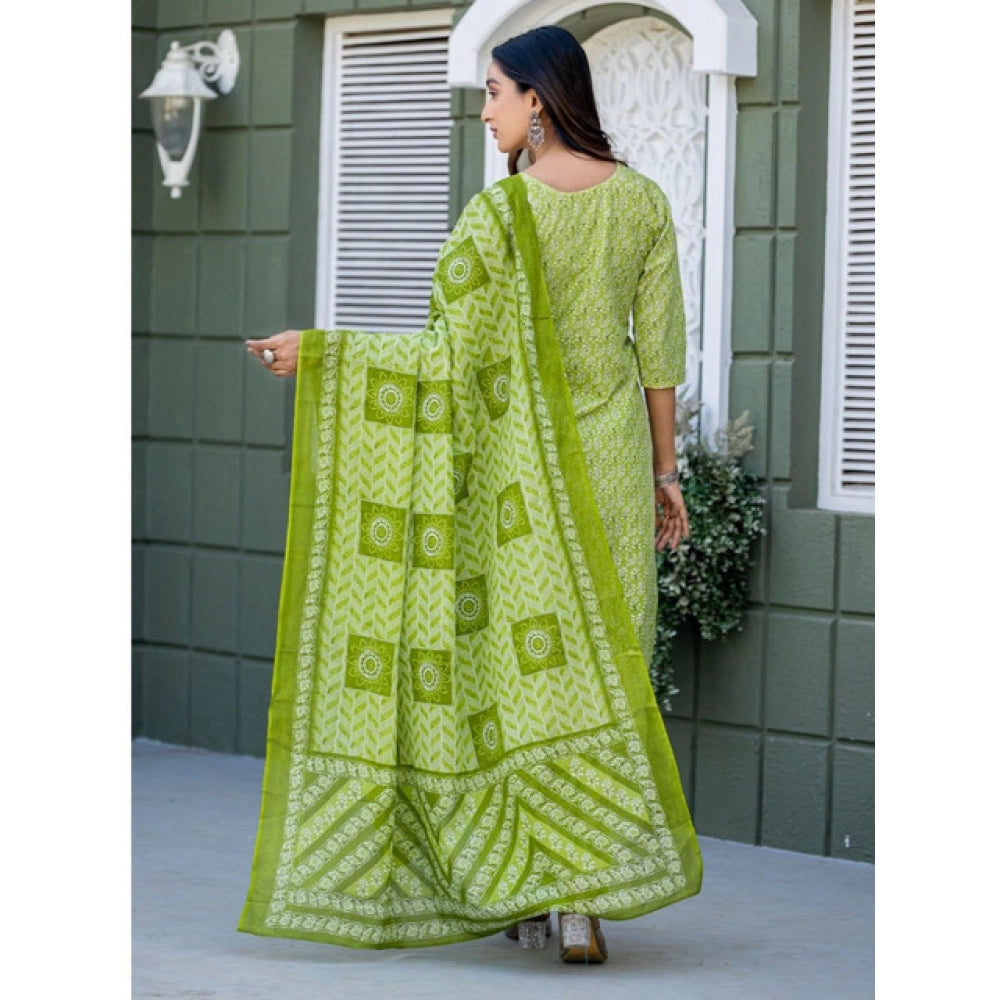 Women's Cotton Blend Printed Kurti With Pant Dupatta Set