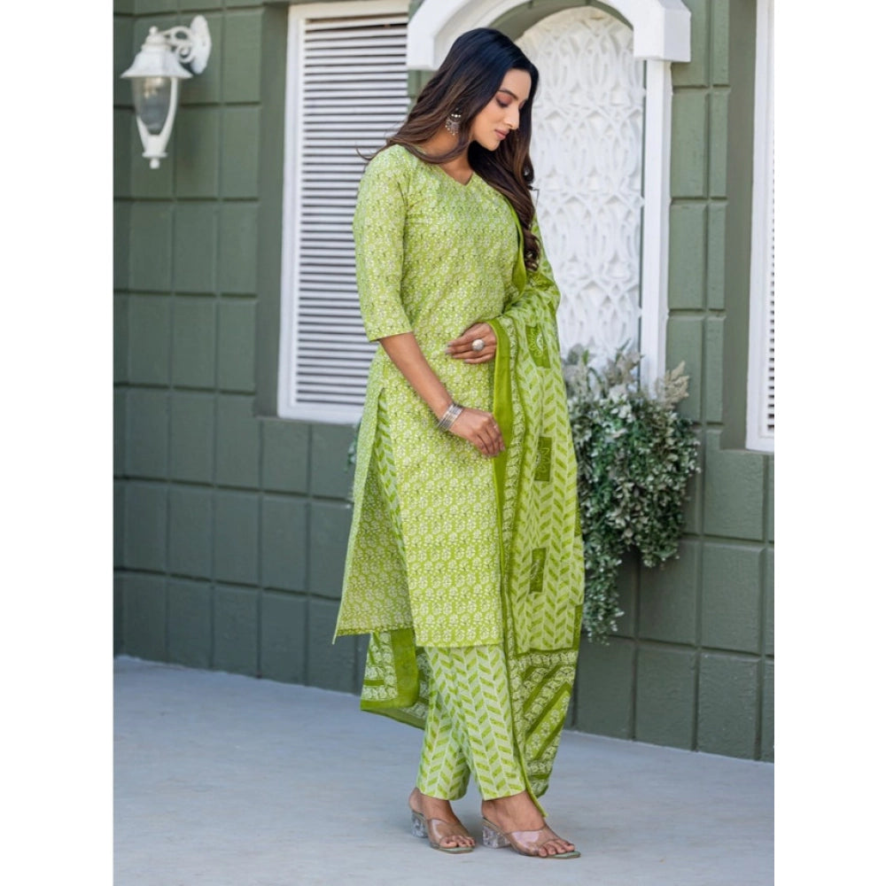 Women's Cotton Blend Printed Kurti With Pant Dupatta Set