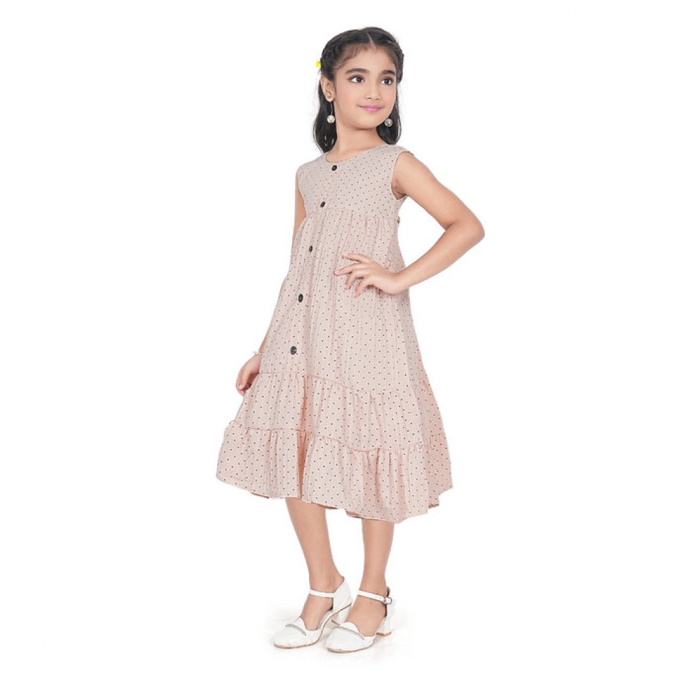Girl's Slub Printed Sleeve Less Round Neck Dress