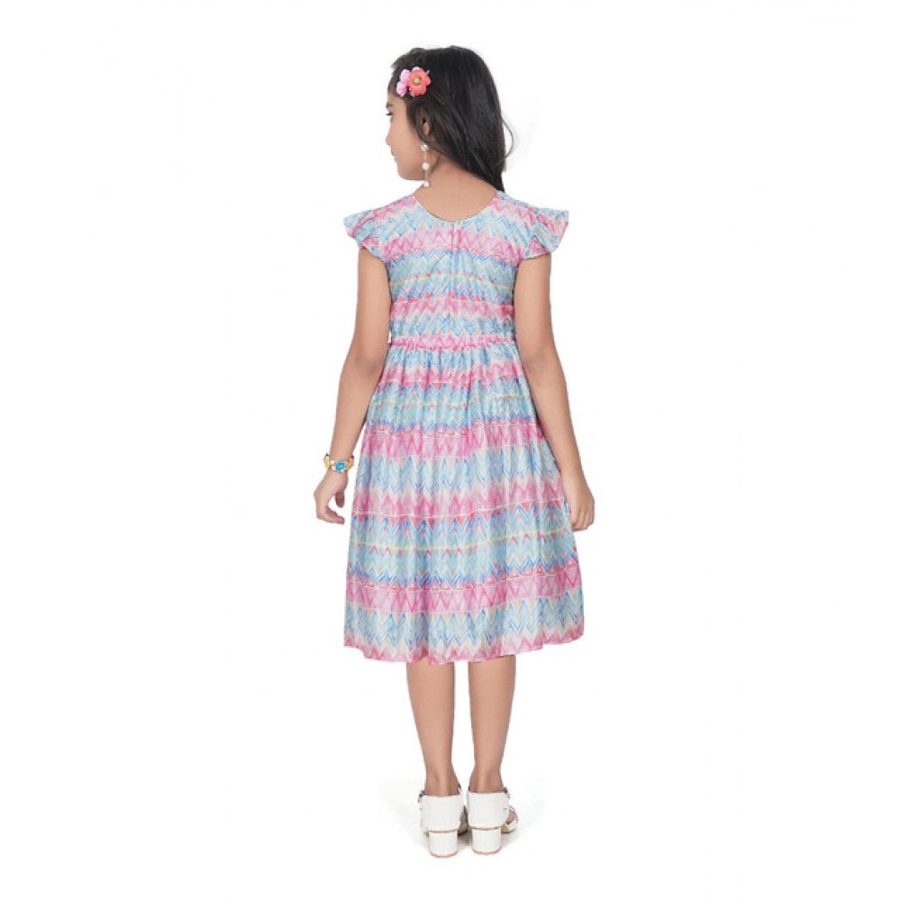 Generic Girl's Lycra Printed Sleeve Less Round Neck Dress (Multicolor)