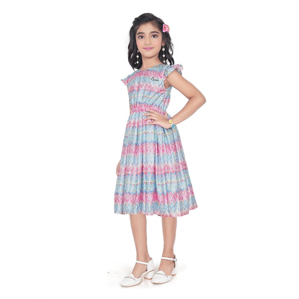 Generic Girl's Lycra Printed Sleeve Less Round Neck Dress (Multicolor)