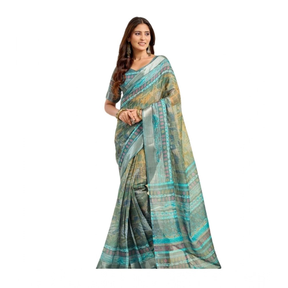 Women's Linen Cotton Printed Ready To Wear Saree With Unstitched Blouse