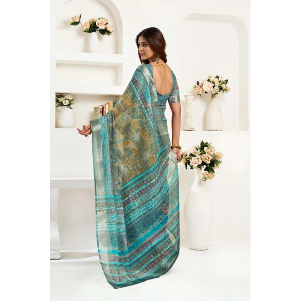 Women's Linen Cotton Printed Ready To Wear Saree With Unstitched Blouse