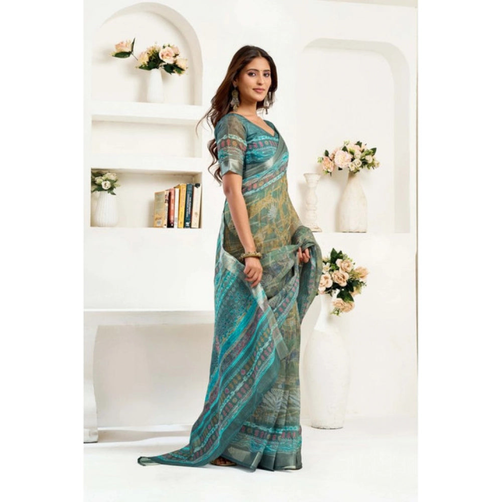 Women's Linen Cotton Printed Ready To Wear Saree With Unstitched Blouse