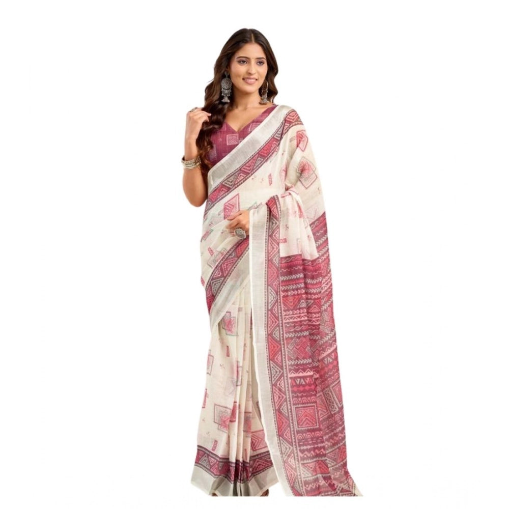 Women's Linen Cotton Printed Ready To Wear Saree With Unstitched Blouse