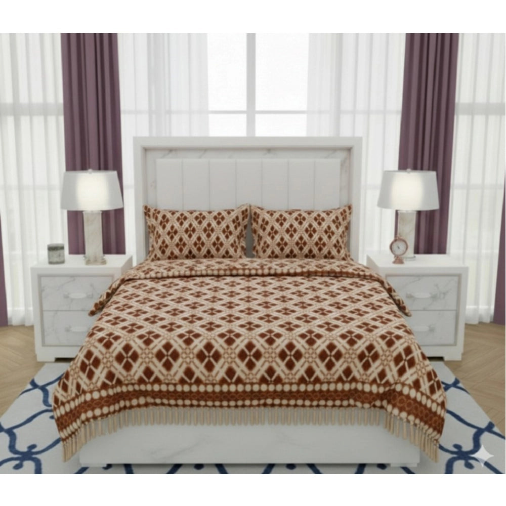 Generic Fleece Geometric Double Polar Warm Bedsheet with 2 Pillow Cover (Brown)
