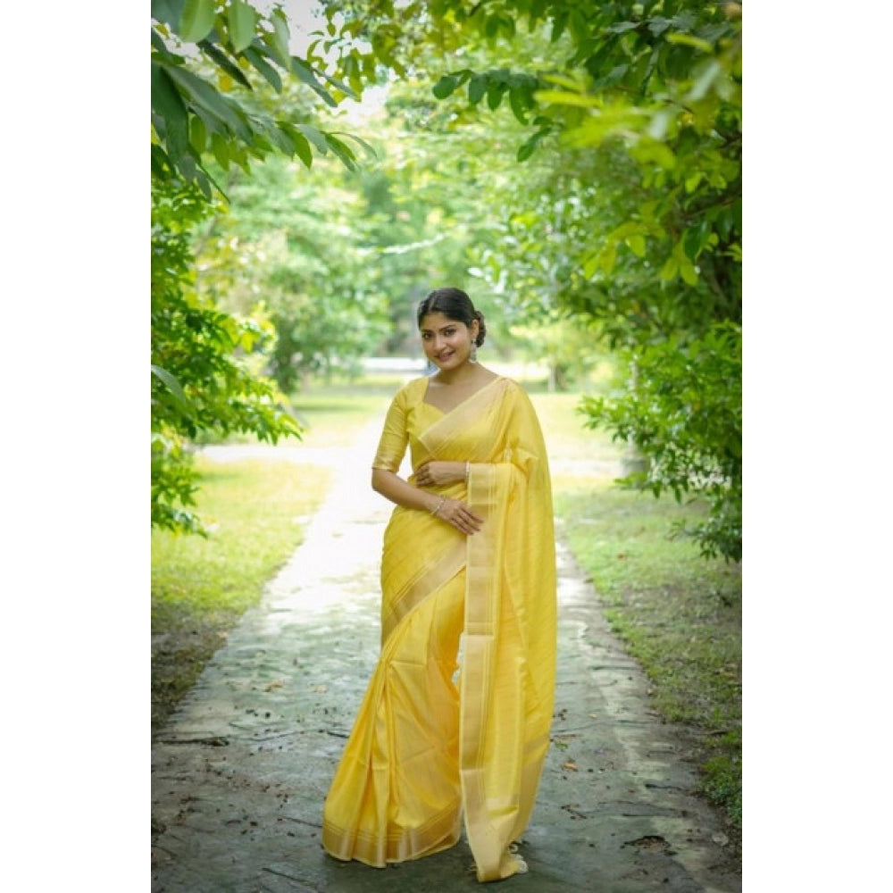 Generic Women's Faux_Banarasi Lining Pattern Saree With Unstitched Blouse 5.5Mtr (Yellow)