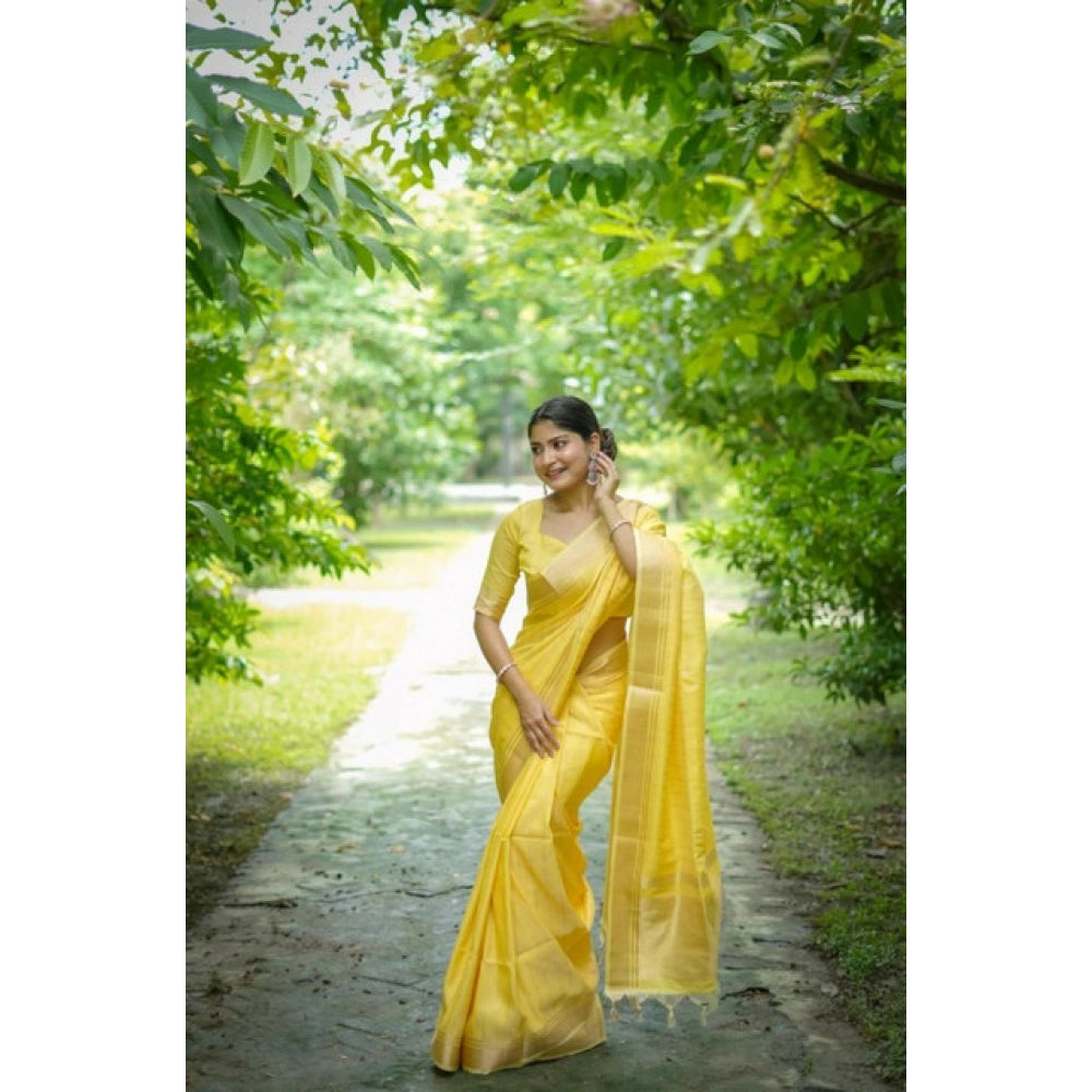Generic Women's Faux_Banarasi Lining Pattern Saree With Unstitched Blouse 5.5Mtr (Yellow)