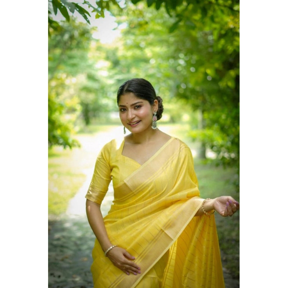 Generic Women's Faux_Banarasi Lining Pattern Saree With Unstitched Blouse 5.5Mtr (Yellow)