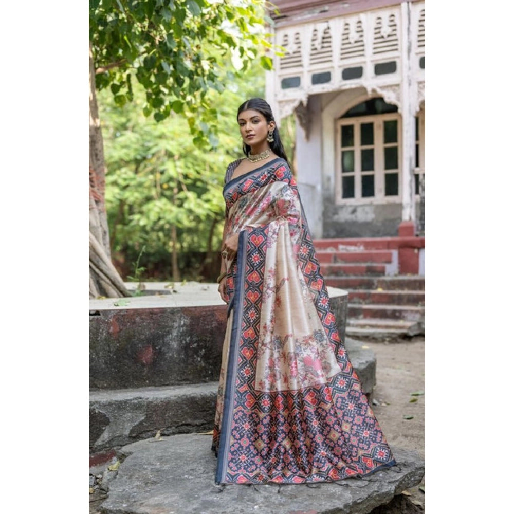 Generic Women's Faux_Tussar Floral Jal With Patola Print Saree With Unstitched Blouse 5.5Mtr (Black)
