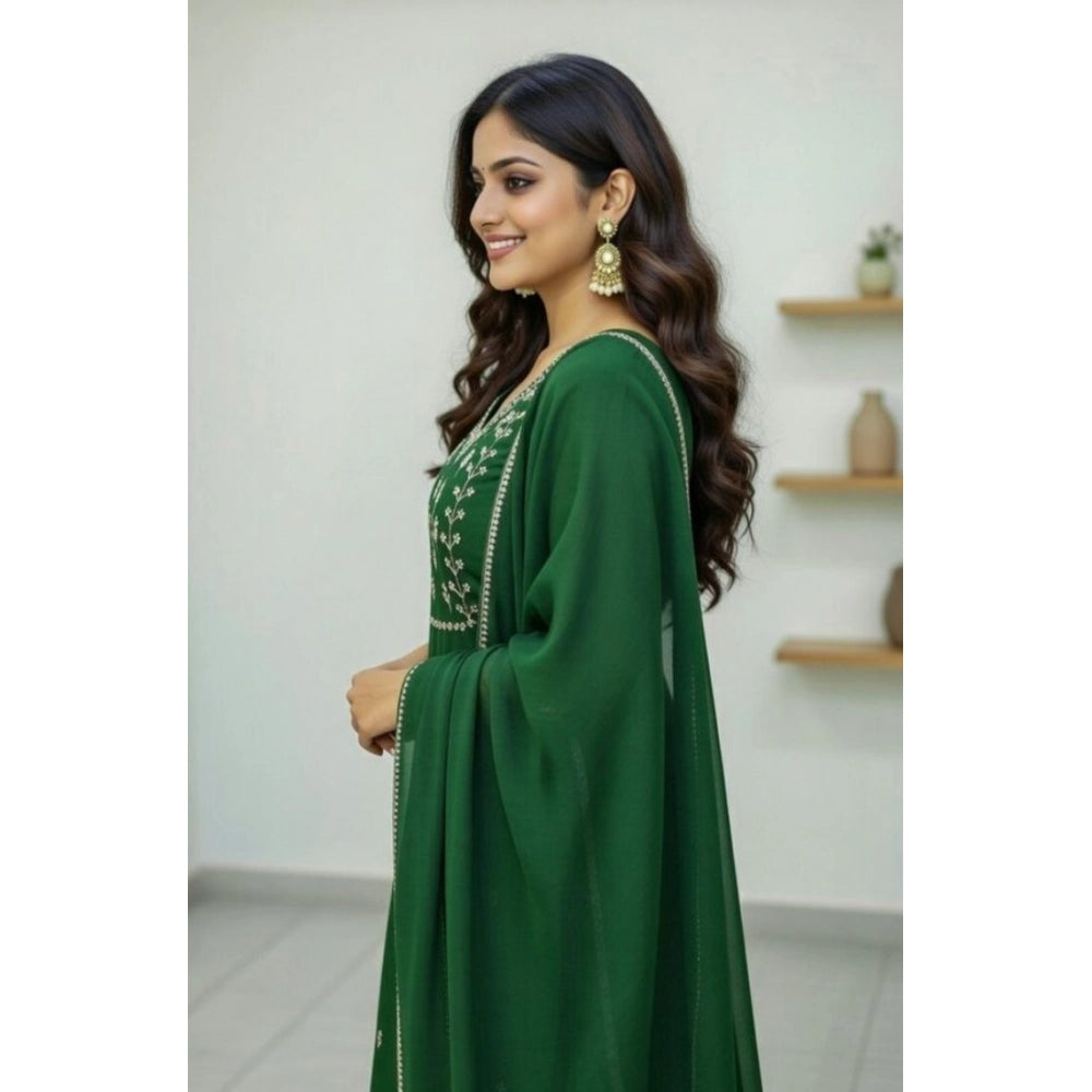Generic Women's Georgette Ethnic Motif Round 3/4th Sleeve Kurti With Pant Dupatta Set (Green)