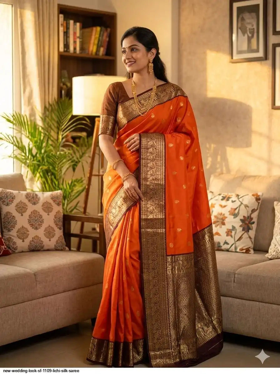 SF 1109 Lichi Silk Saree | Orange | Wedding Look