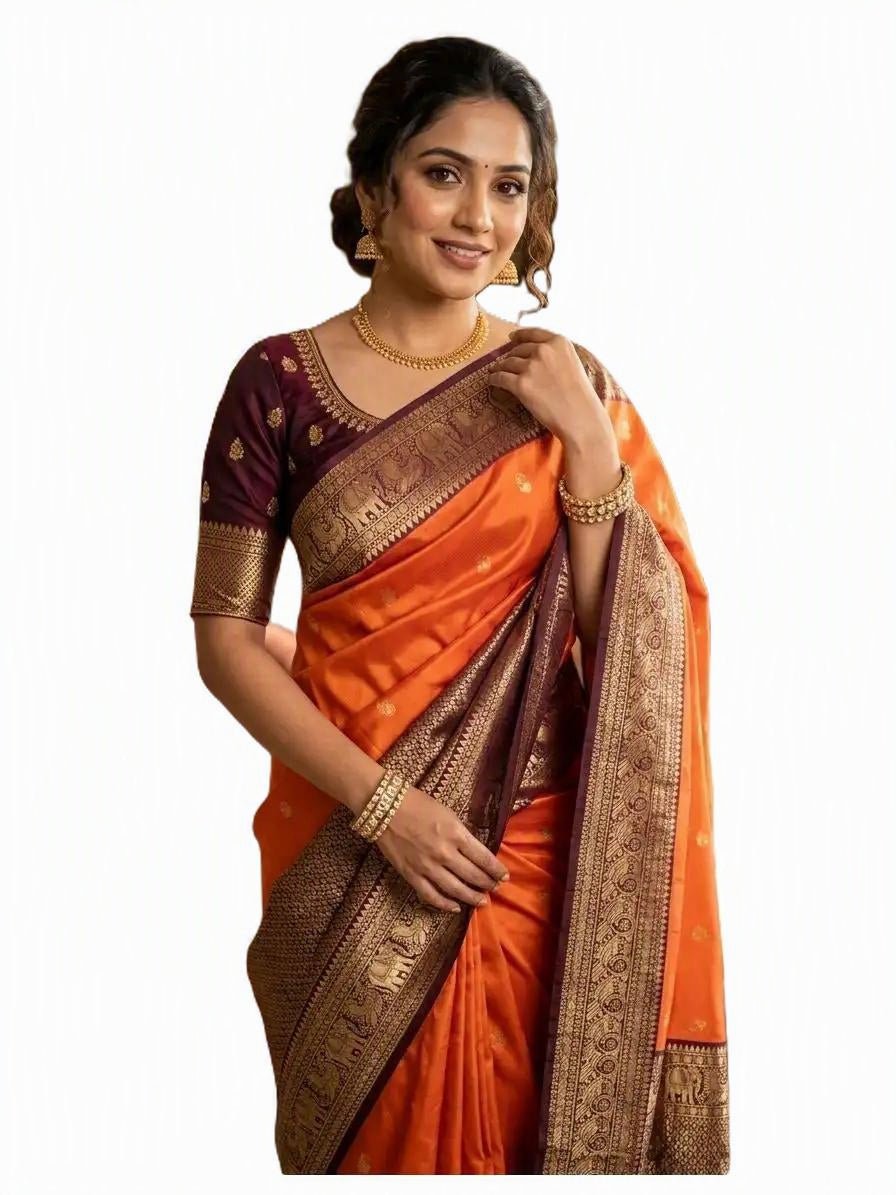 SF 1109 Lichi Silk Saree | Orange | Wedding Look