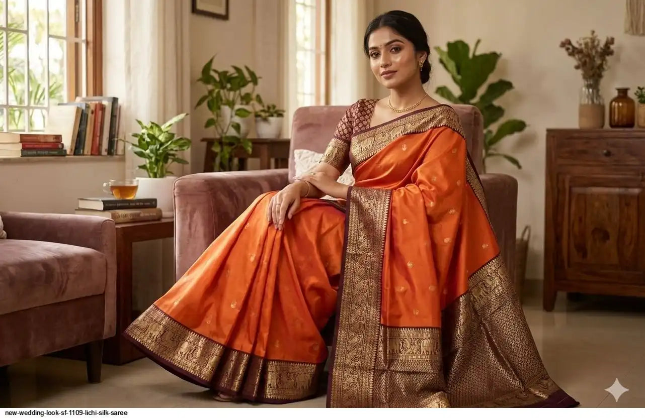 SF 1109 Lichi Silk Saree | Orange | Wedding Look