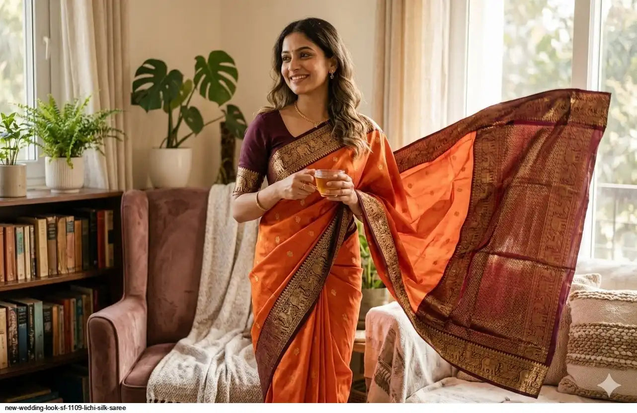 SF 1109 Lichi Silk Saree | Orange | Wedding Look