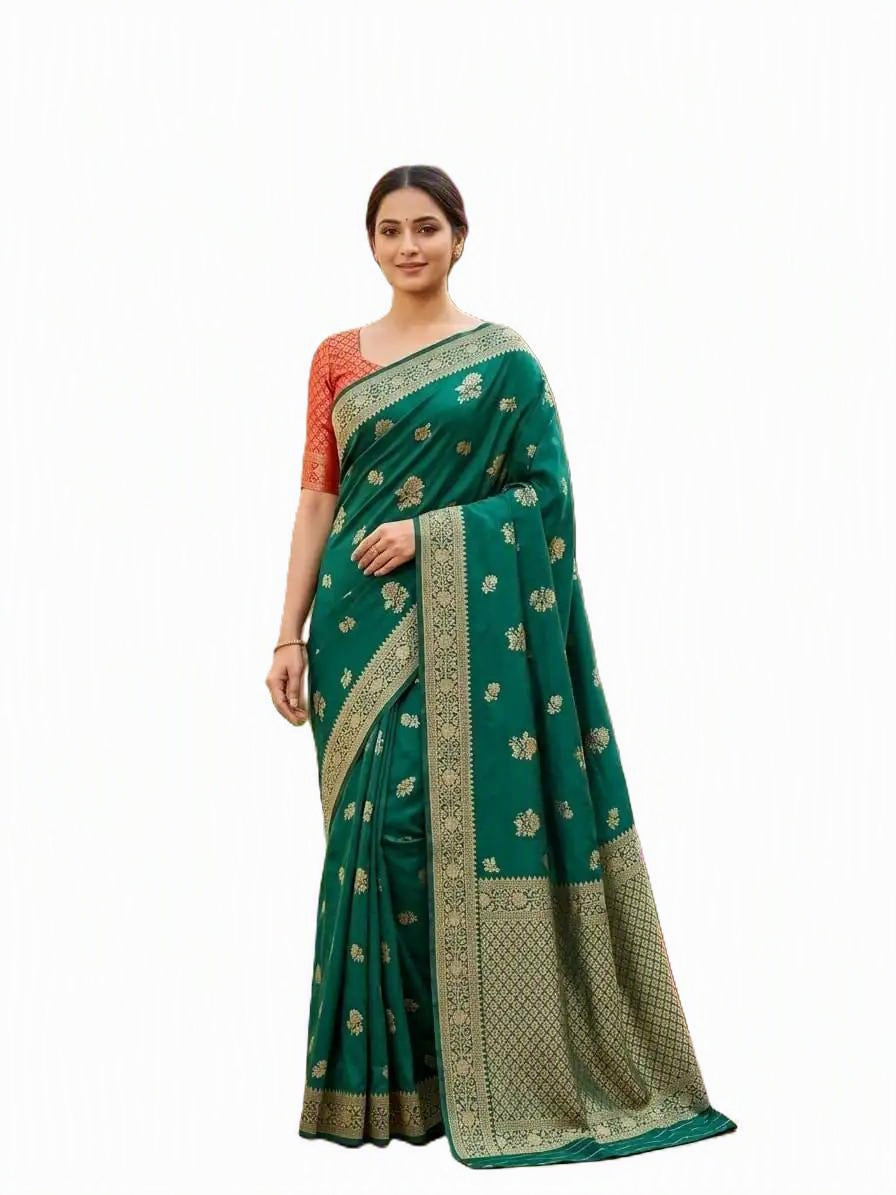 Beautiful Soft Lichi Silk Saree with Jacquard Work | Green