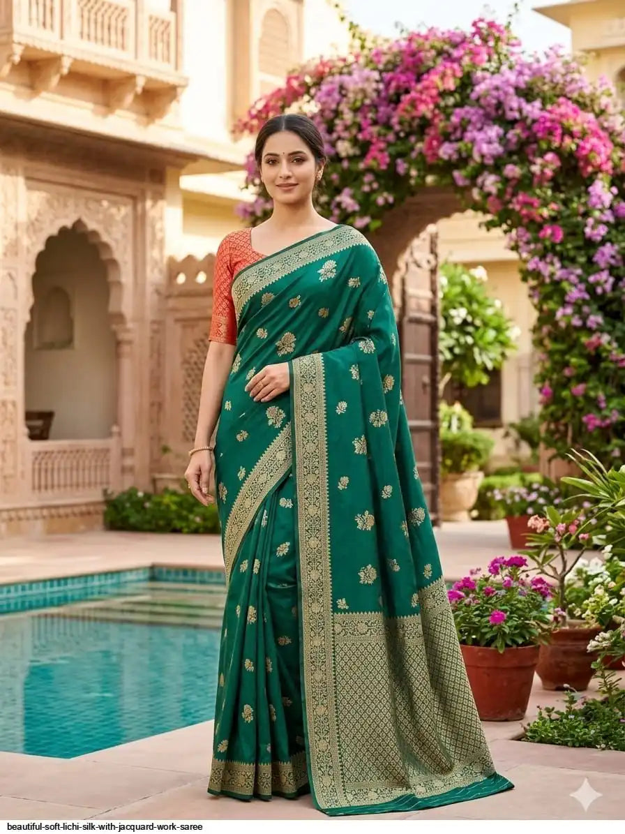 Beautiful Soft Lichi Silk Saree with Jacquard Work | Green