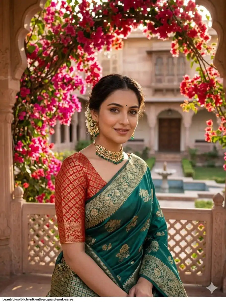 Beautiful Soft Lichi Silk Saree with Jacquard Work | Green
