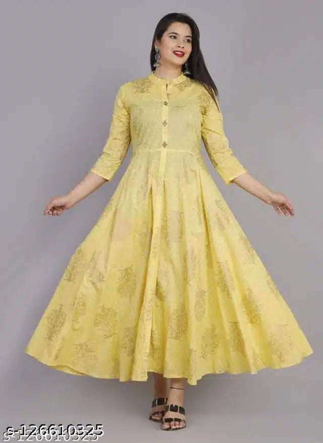 Anarkali Rayon Printed Kurti for Women - Yellow Festive Wear (Size L)