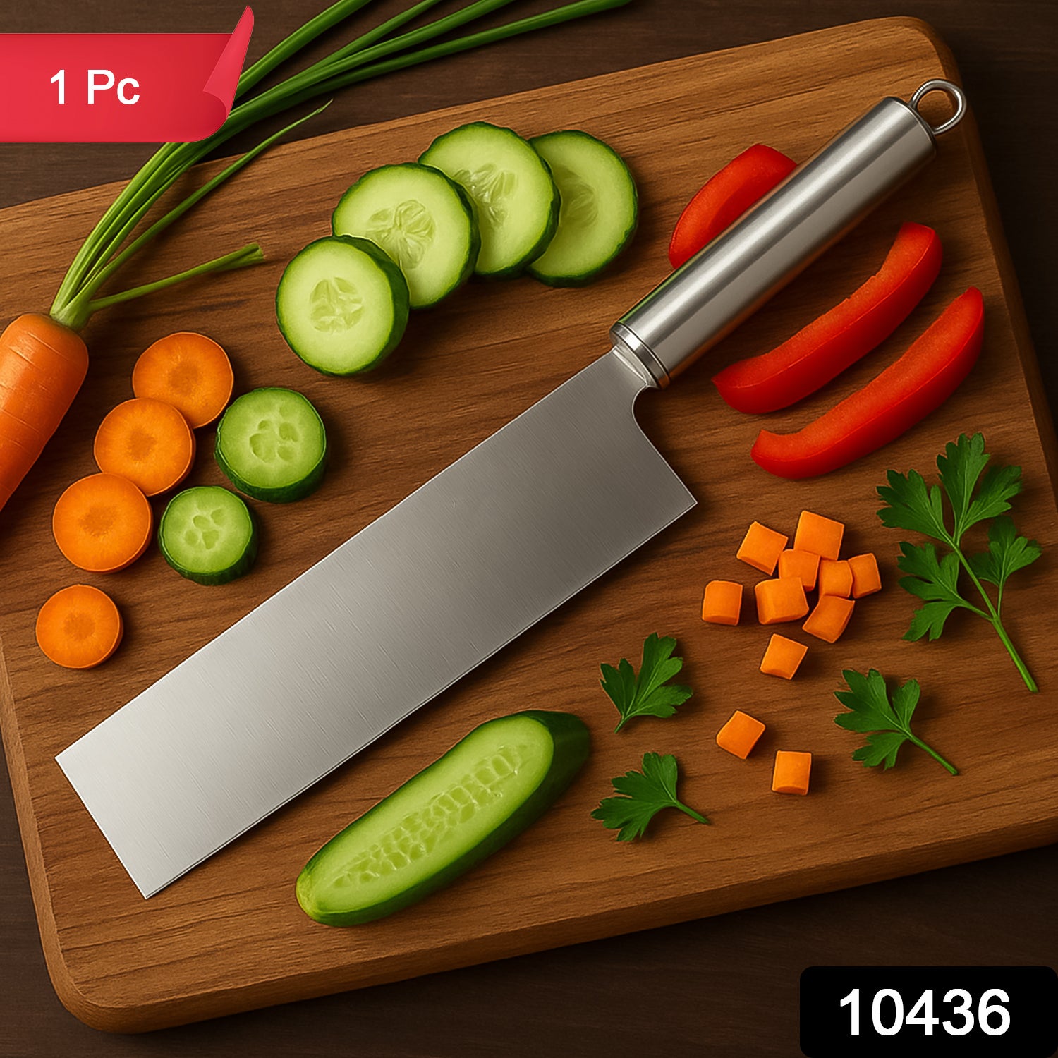 A Wukusy Professional-grade Stainless Steel Vegetable Cleaver Knife 1 Pc rests on a wooden cutting board with sliced cucumber, carrot, red bell pepper, parsley, and diced carrots. Corner labels display “1 Pc” and “10436.”.