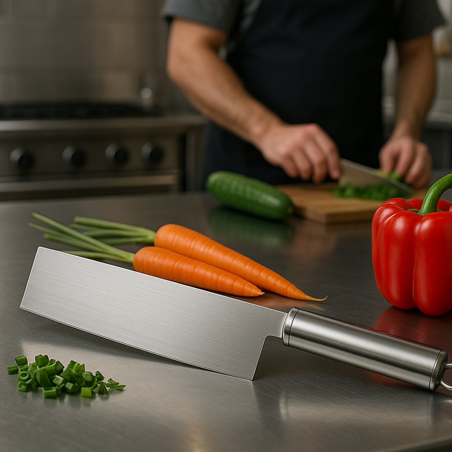 A Wukusy Professional-grade Stainless Steel Vegetable Cleaver Knife rests on a counter with chopped carrots, green onions, and a bell pepper. Behind it, someone slices cucumber with a Multipurpose Chopper on a wooden board.