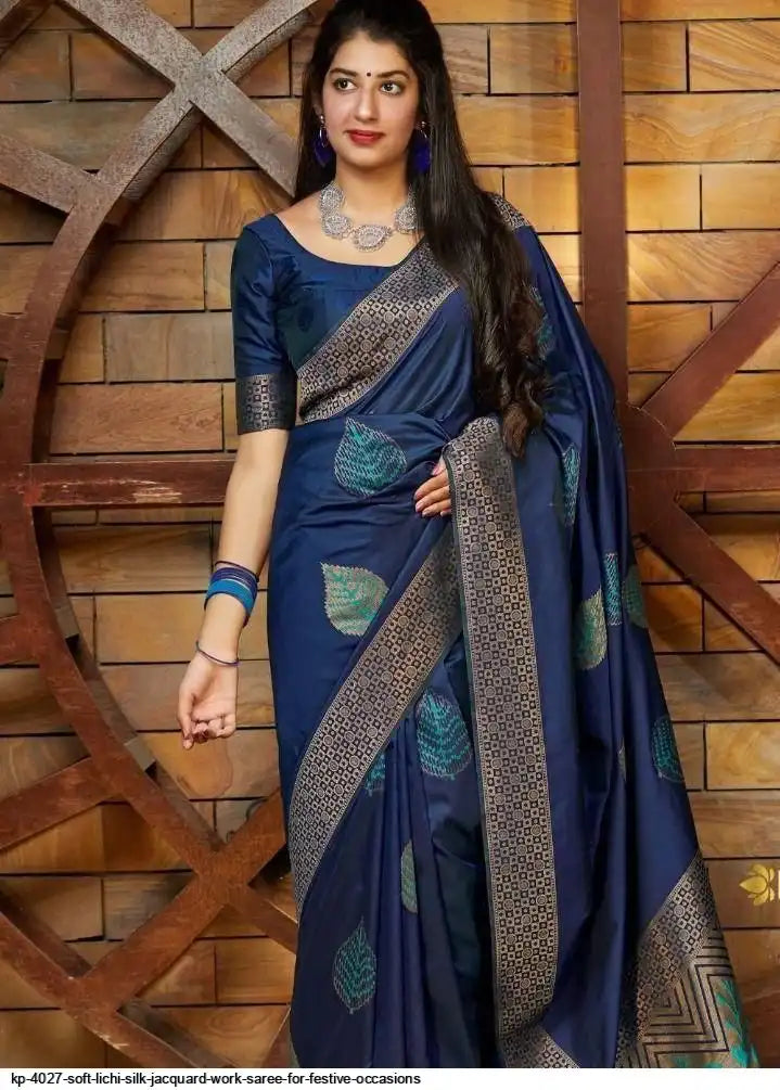 KP 4027 Soft Lichi Silk Jacquard Saree | Blue