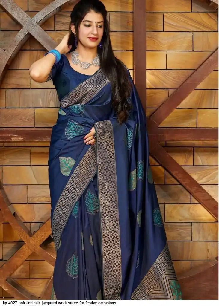 KP 4027 Soft Lichi Silk Jacquard Saree | Blue