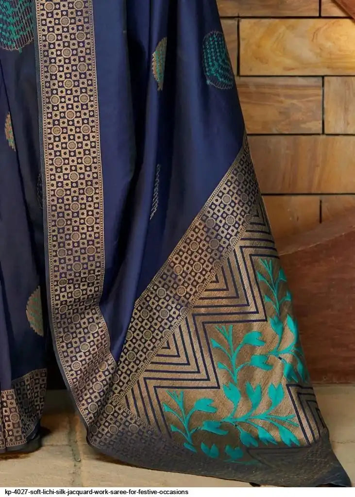 KP 4027 Soft Lichi Silk Jacquard Saree | Blue