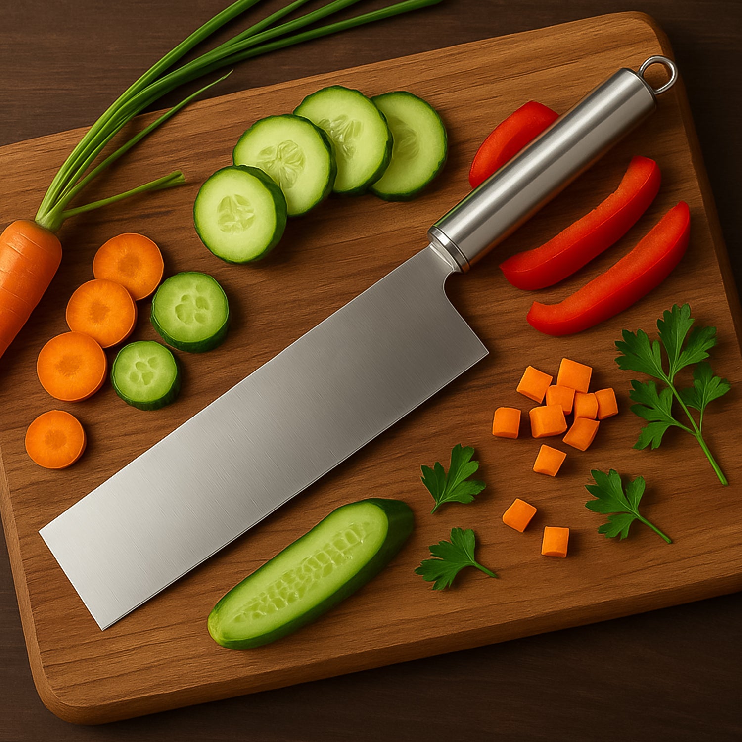 The Wukusy Professional-grade Stainless Steel Vegetable Cleaver Knife 1 Pc rests on a wooden cutting board, surrounded by sliced cucumber, carrot, red bell pepper, parsley, diced carrots, a whole carrot, and green onions.